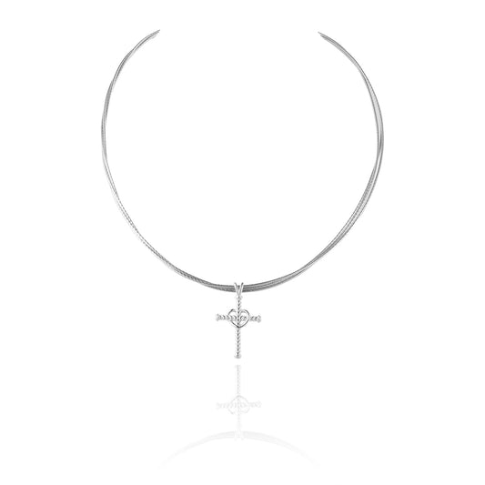 S925 Silver Twist Cable 2 Loops Daily Necklace with Cross Pendant